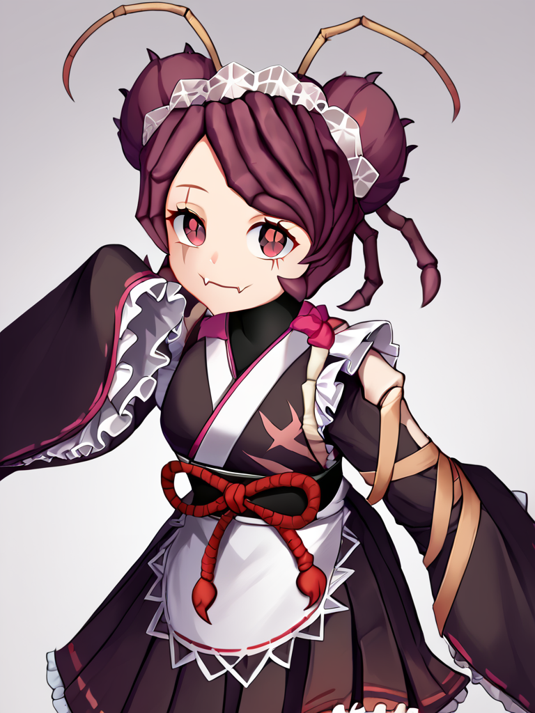 score_9,score_8_up,score_7_up,olo,<lora:overlord:1>,entoma_vasilissa_zeta, sleeves_past_fingers, looking_at_viewer, arthropod_girl, gradient_background, closed_mouth, short_kimono, grey_background, black_skirt, wide_sleeves, wa_maid, scar_on_face, obi, 1girl, pleated_skirt, fangs_out, skin_fangs, smile, white_apron, white_background, maid_headdress, long_sleeves, frilled_skirt, black_kimono, solo, scar_across_eye, antennae, highres, commentary