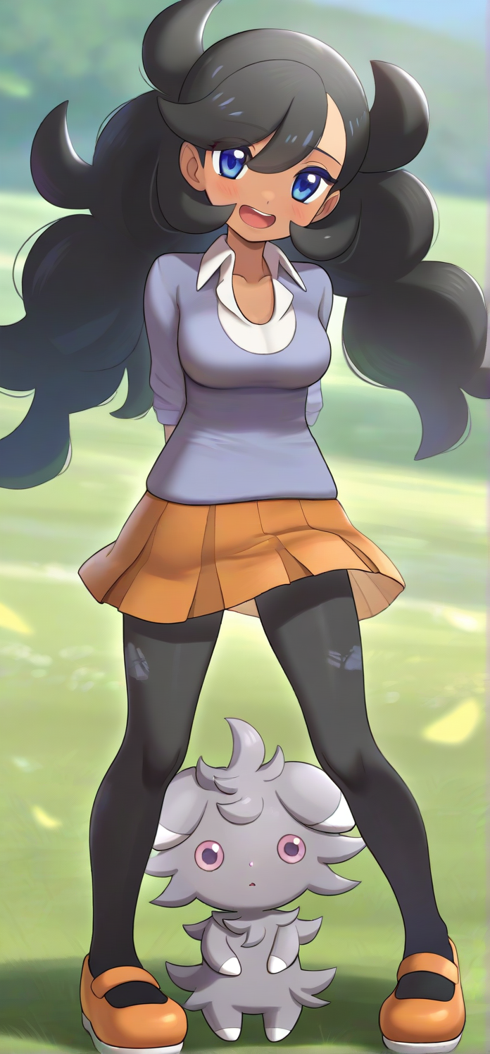 [[hinosaki]], 2d, masterpiece, best quality, amazing quality, 1girl, solo, close-up, standing, open mouth, smile, full body, looking at viewer, meadow, day, ,pkemma, emma \(pokemon\), dark-skinned female, blue eyes, low twintails, bangs, black hair, long hair, blue sweater, [[yellow patch]], white shirt, collared shirt, orange pleated skirt, black pantyhose, torn pantyhose, mary janes, orange footwear, espurr