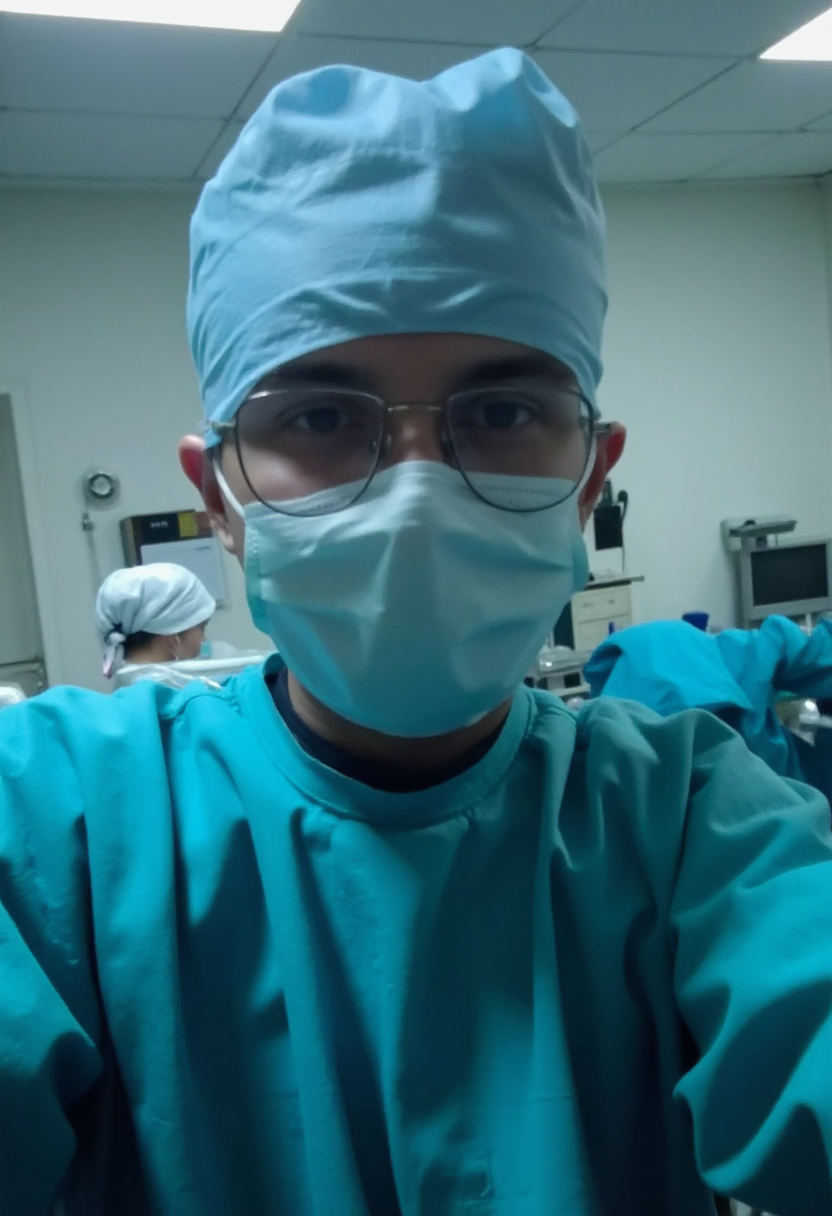 photo selfie of a surgeon with scrub and face mast in an operating theatre, glaring light in the background, cold light <lora:mobile-000081:1>