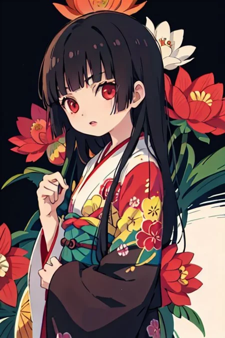 enma ai, hair down, hair black, bangs, eyes red, masterpiece, best quality, ultra-detailed, illustration, 1girl, solo, highres, photorealistic, ultra high res, (Original illustration composition), (fusion of limited color, Maximalism artstyle, kimono obi fashion, double exposure, background, illustration, Amazing, lily spider, night darkness, open one's mouth, finger, flowers red, (polychromatic peony:1.15), Movie poster,