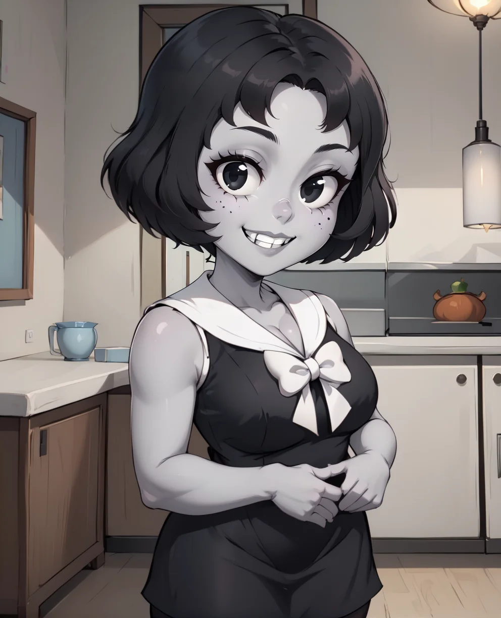 tootxl,grey skin,short hair,black eyes,teeth,
standing,upper body,looking at viewer,smile,
black thigh highs,short black dress,white sailor collar,sleeveless,cleavage,white ribbon,
indoors,home,
<lora:Toot:1>,