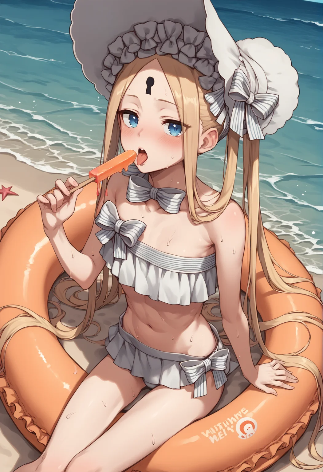 1girl, blonde hair, long hair, blue eyes, forehead, sidelocks, parted bangs, swimsuit, white bikini, skirt, frills, ribbon, bonnet, keyhole, forehead mark, orange innertube, sitting, beach, shore, sweat, popsicle, sexually suggestive, tongue out, blushing <lora:abby_xl:1>, score_9, score_8_up, score_7_up, score_6_up, score_5_up, score_4_up, BREAK source_anime, masterpiece