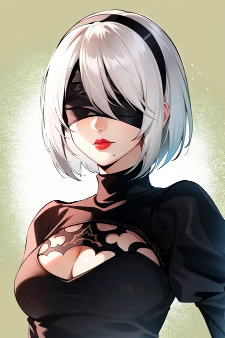 yorha no. 2 type b, 1girl, blindfold, breasts, cleavage, cleavage cutout, clothing cutout, green background, hair between eyes, hairband, highres, juliet sleeves, long sleeves, mole, mole under mouth, nier (series), nier automata, oni gini, puffy sleeves, red lips, shaded face, short hair, solo, turtleneck, upper body, white hair,
<lora:yorha_noDOT_2_type_b:0.5>