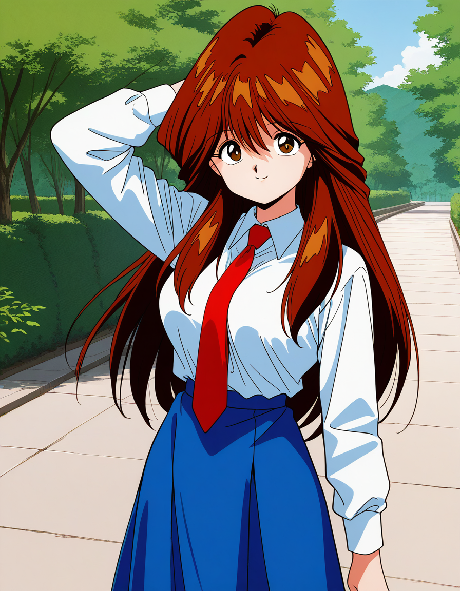 general,highres, ultra-detailed,very aesthetic,best quality ,best hands,  BREAK <lora:Kawai_Iyona_IS:1> KawaiIyona, long hair, brown hair, brown eyes, bangs, red hair, large breasts, hair between eyes, 1990s \(style\),anime coloring,
 smile, 1girl,1girl, solo, red necktie, blue skirt, smile, shirt, long sleeves, looking at viewer, white shirt, cowboy_Shot, collared shirt, 
arm upã
outdoor, day,