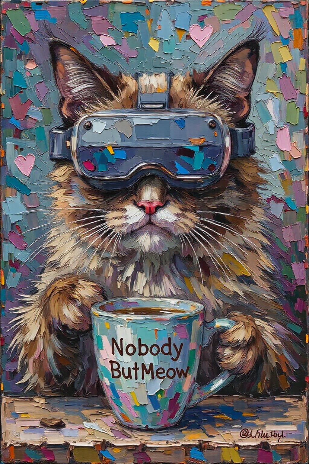 impasto oil painting. Grumpy Cat drinking coffee, wearing a VR Headset. The mug has the phrase "NobodyButMeow" printed    <lora:Flux-Sch-SingleBlocks-BF16:1.0> <lora:impasto6_cap_d6a3e11:1.0><lora:804332733556856294:0>