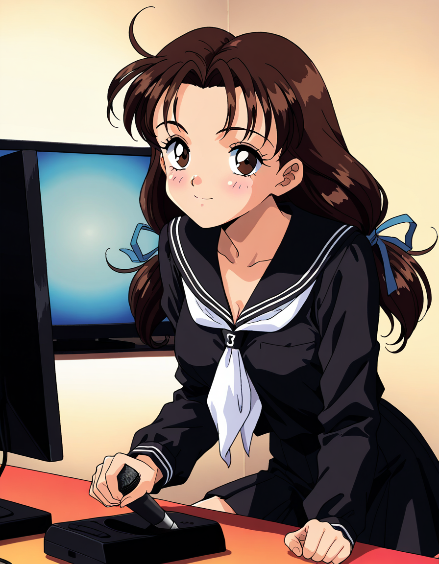 masterpiece, best quality, good quality, <lora:Minegishi_Kyouko_IS:1>  1990s \(style\),anime coloring, 
Minegishi_Kyouko, brown hair, ahoge, brown eyes, breasts, long hair, twintails, hair ribbon, blue ribbon,  
1girl, solo, school uniform, black skirt, blush, black serafuku, long sleeves, smile, 
Karaoke,  karaoke box, monitor, personal computer.