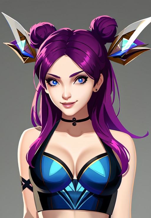 sfw, <lora:kda_kaisa:0.8>, kda_kaisa, portrait, smirk, (seductive, alluring, charming:1.3), enchanting, (trending on CGSociety, trending on pixiv, contest winner:1.3)