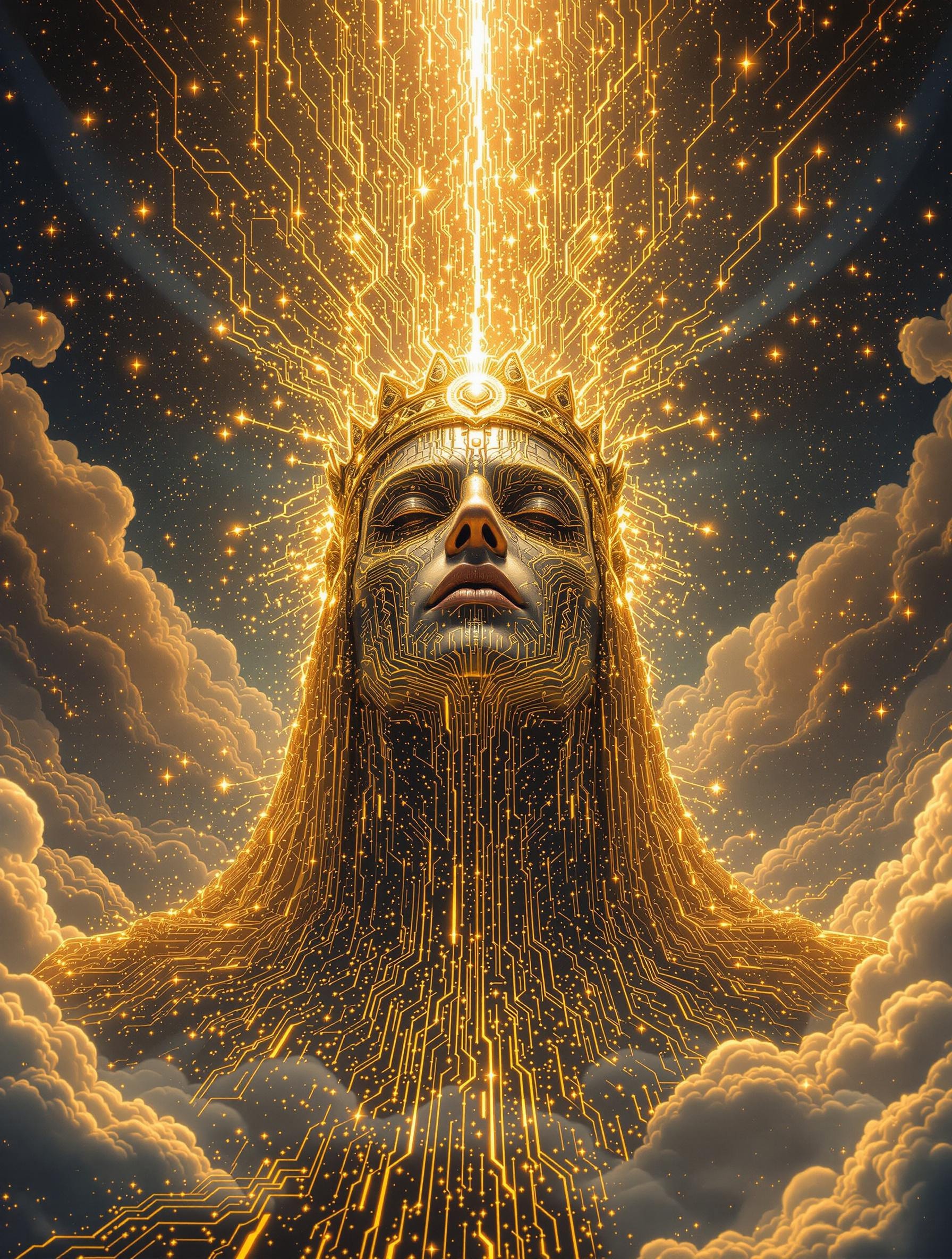 The coronation of a techno-emperor, golden circuits flowing like rivers, crown made of shimmering glitch particles, a cosmic fractal storm in the sky