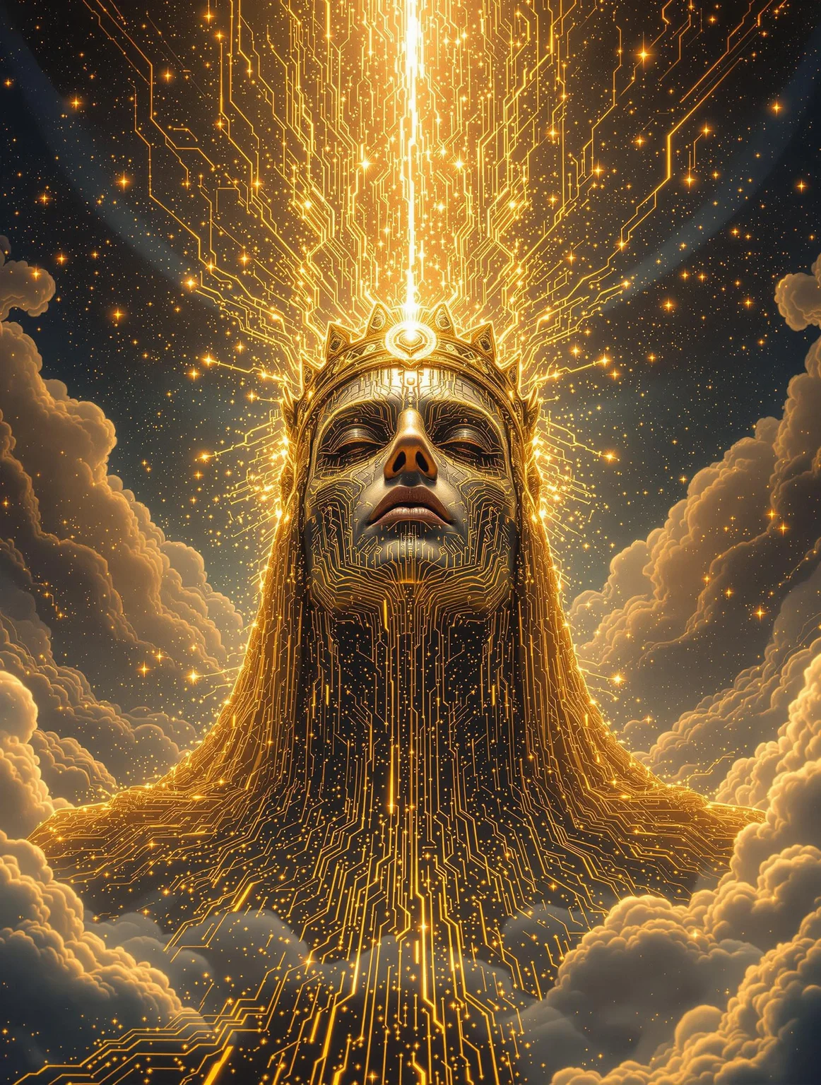 The coronation of a techno-emperor, golden circuits flowing like rivers, crown made of shimmering glitch particles, a cosmic fractal storm in the sky