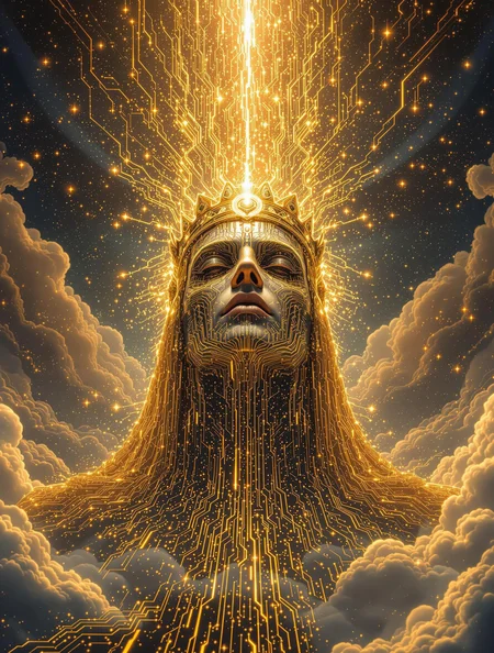 The coronation of a techno-emperor, golden circuits flowing like rivers, crown made of shimmering glitch particles, a cosmic fractal storm in the sky