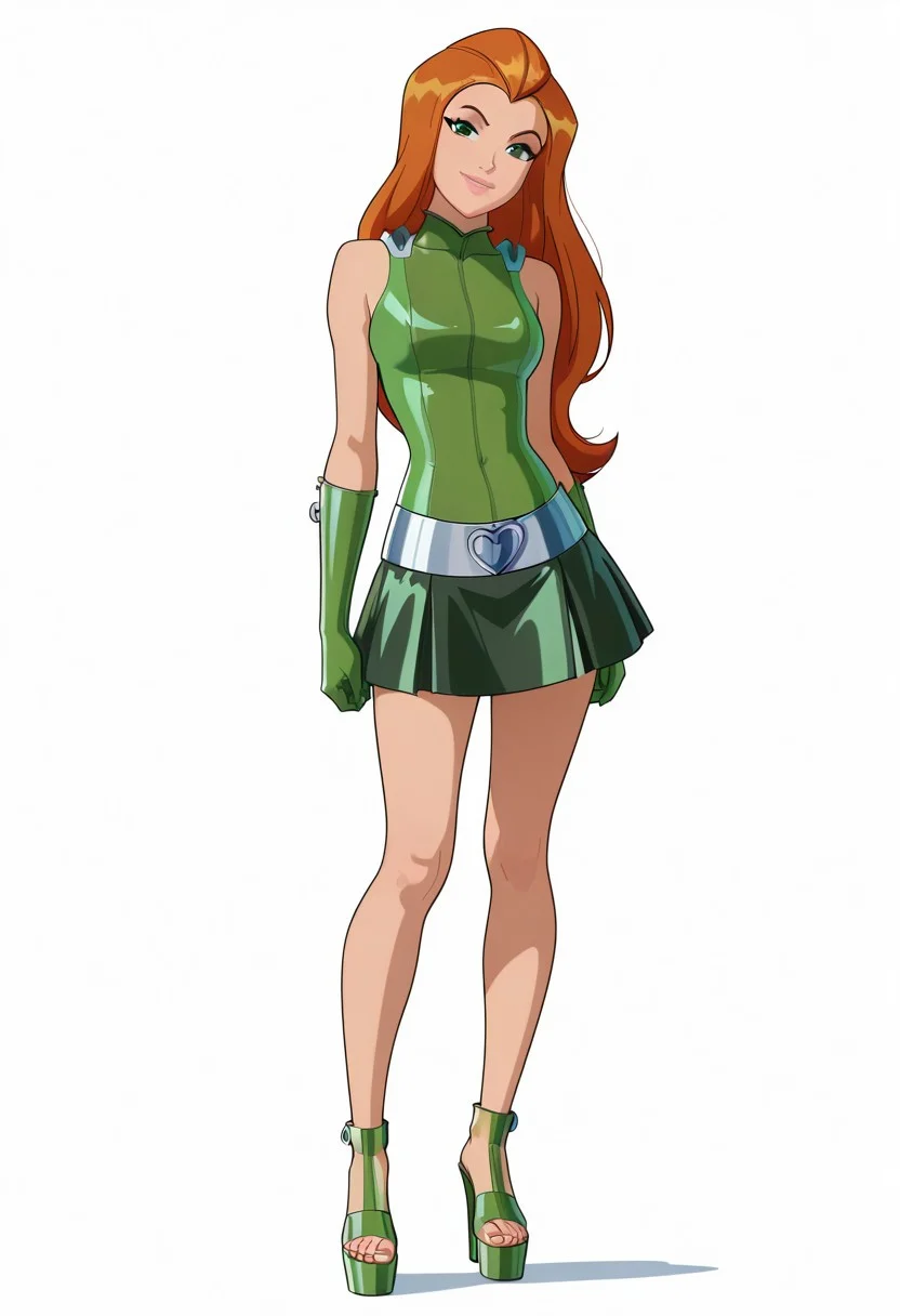 anime coloring, lineless, realistic cartoon,
sam_totally_spies, long hair, orange hair, green eyes
Green latex leotard, black fishnet skirt, green platform high heels sandals, tilt head, ()
Solo, pose, looking at viewer, white background, simple background, masterpiece, best quality, amazing quality, intricate ditails, uncensored , attractive exciting, seductive pose,
Standing,
