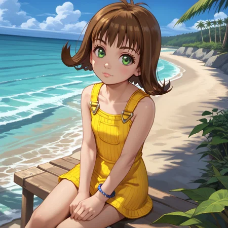 score_9, score_8, score_7, Break, selphie_kh, brown hair, short hair, green eyes, yellow dress. bracelet, sitting, beach, looking at viewer, cute, natural lighting