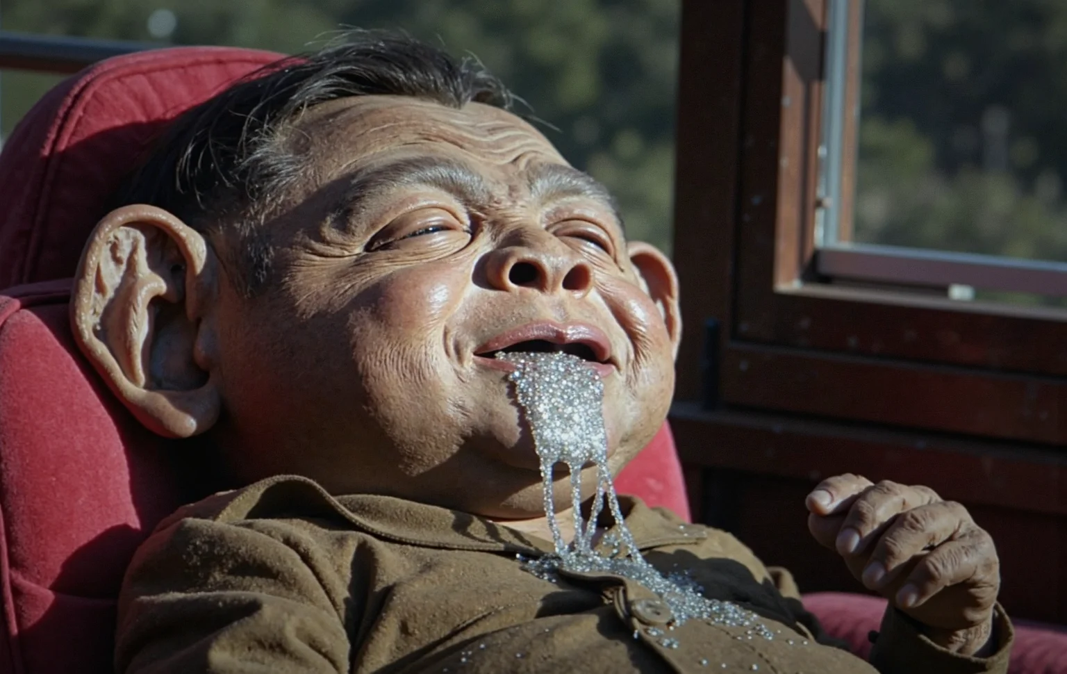 North Korean Juche Socialist propaganda, The Dear Respected Comrade General Secretary Grand Marshall of the People's Army Supreme Leader Kim Jong-UNukie the knockoff alien is passed out giggling in his sleep, drooling magical metal flake sparkle saliva all over himself, inspired by the workers, conceived by the Mount Paektu bloodline