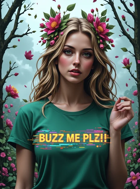 beautiful forest, mystical fog, realistic, hyper detailed, masterpiece, beautiful woman, beautiful detailed face, detailed glowing multi color eyes, large eyes, cute, adorable, long blond hair, breezy hair, flowers in hair, green shirt, pleading, blushing, realistic face, frekles,
a glitch logo of the glitch text "BUZZ ME PLZ!" is printed on her shirt. the text is surrounded by nature symbols, leaves and glitch elements, the text is in bold neon letters, orange theme on green shirt <lora:Jibs_Midjourney_Fantasy_Style_1:0.65> <lora:Glitch_Logo_Style_Flux:0.87>