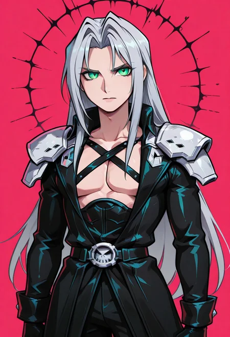 score_9,score_8_up,score_7_up,score_6_up, masterpiece, best quality, very aesthetic, 2d, ((thick lines)), vibrant saturated colors,
volumetric lighting, cinematic lighting, moody lighting, dramatic shadows,
detailed background,
BREAK sephiroth, official outfit grey hair, long hair, very long hair, parted bangs, armor, open clothes, shoulder armor, long sleeves, pectorals, black jacket, jacket, black gloves, high collar, long bangs, black coat, green eyes, slit pupils, gothic noir background