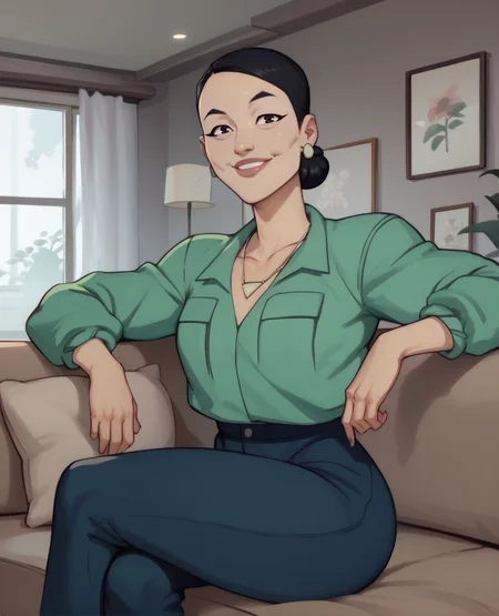 score_9,score_8_up,score_7_up,score_6_up,
Debbiexl,broen eyes,hair bun,
green shirt,pants,earrings,smile,necklace,
sitting,couch,looking at viewer,
home,indoors,living room,<lora:Debbie:1>,