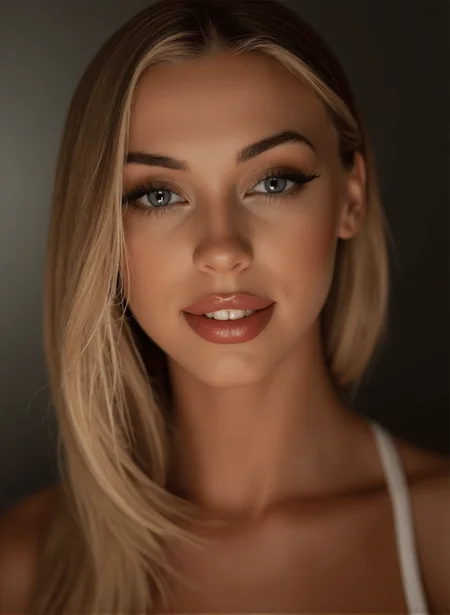 BrooklynMixer, ultra high definition and ultra realistic photo of a gorgeous young woman looking at the viewer with a seductive smile. Incredibly detailed zoomed in professional photo of her face.