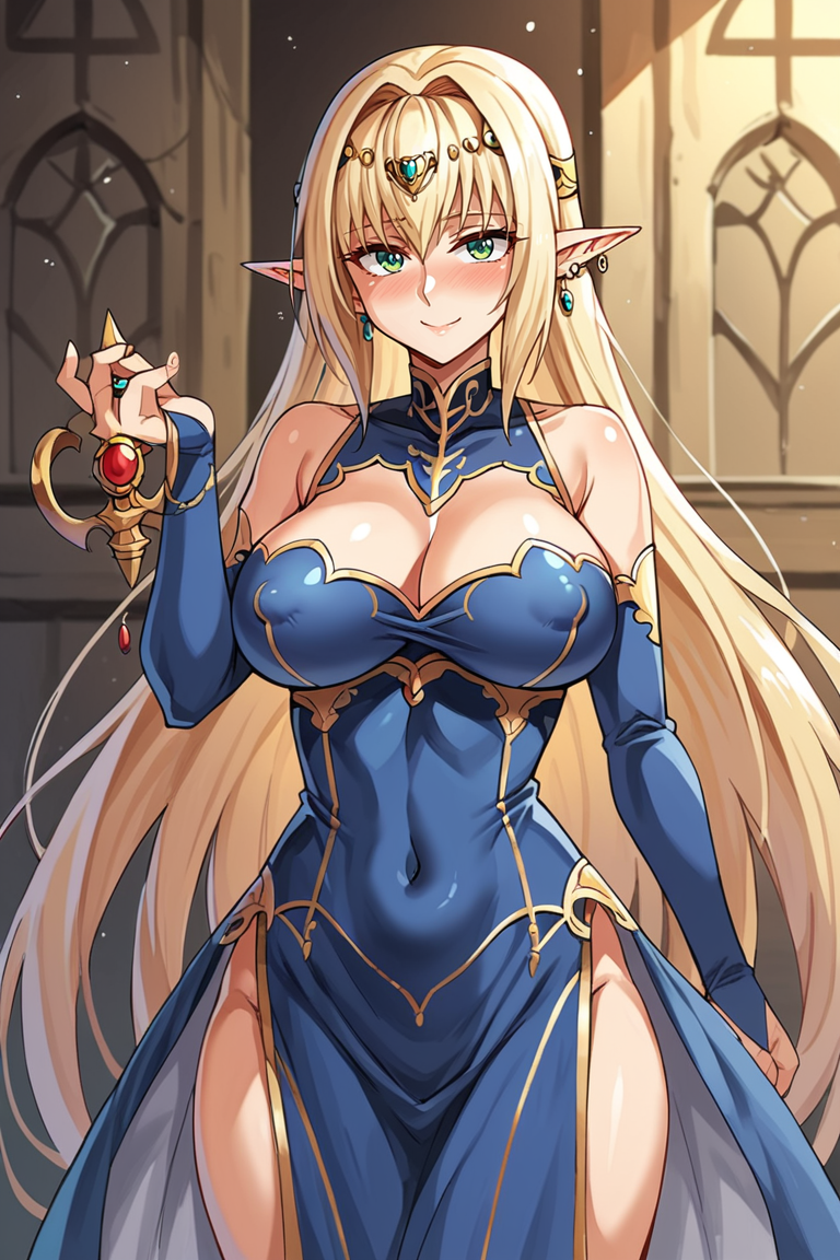 score_9, score_8_up, score_7_up, score_6_up, score_5_up, score_4_up, masterpiece, best quality, BREAK, blonde hair, princess_alfilia,  
, , breasts, pointy ears, long hair, red jewelry, elf, earrings, 1girl, green eyes, large breasts, blue dress, , bridal gauntlets, covered nipples, navel, earrings, bridal gauntlets, smile, blush, very long hair, cleavage, dress, looking at viewer