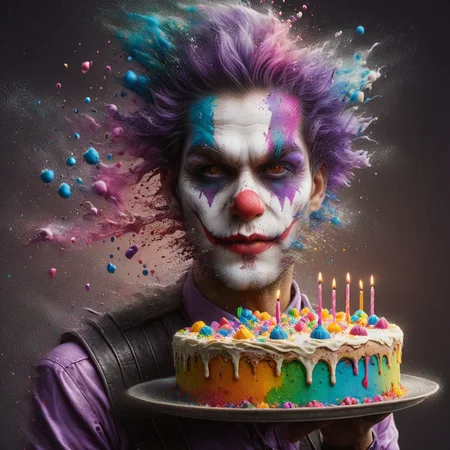 neonpunk style <lora:ral-dissolve-sdxl:1.5>(ral-dissolve:1.5), birthday cake clown man, Nikon Z9, realistic matte skin, skin texture visible, (sharp focus), (highest quality), cyberpunk, vaporwave, neon, vibes, vibrant, stunningly beautiful, crisp, detailed, sleek, ultramodern, magenta highlights, dark purple shadows, high contrast, cinematic, ultra detailed, intricate, professional