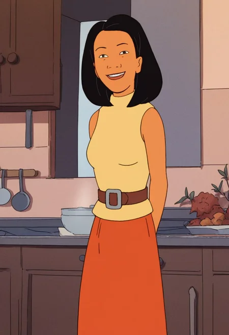 score_9, score_8_up, score_7_up, 1girl, solo, minh, black hair, yellow sleeveless turtlneck, belt, orange skirt, hands behind back, looking at viewer, smiling, kitchen