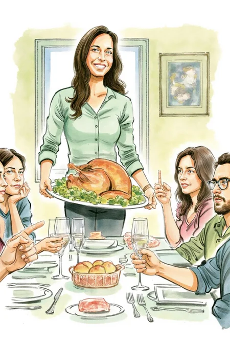 watercolor illustration.
A family dinner scene. The central figure is a woman with long, dark hair, standing at a table laden with a golden-brown roasted turkey, garnished with green vegetables. She is dressed in a light green, long-sleeved shirt and is holding a large plate with roasted turkey. Her expression is warm and inviting. To her left, two women and a man with glasses and a beard are seated. On the left we see a hand with raised finger. <lora:watercolor.comic1_cap_d6a3:1.0><lora:830619539726390729:0>