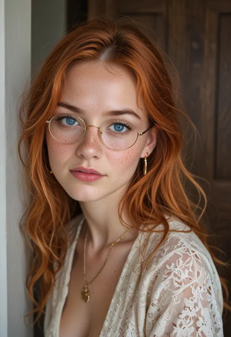 Cute 21 year old woman, hourglass figure, orange hair, long hair, cute black plastic square frame glasses, bright blue eyes, medium breasts, round ass, heavy freckles on face, diamond stud earrings, gold chain necklace with ruby pendant, ruby belly button piercing, wearing an open white bath robe, answering the door, seductive look, modern apartment in background