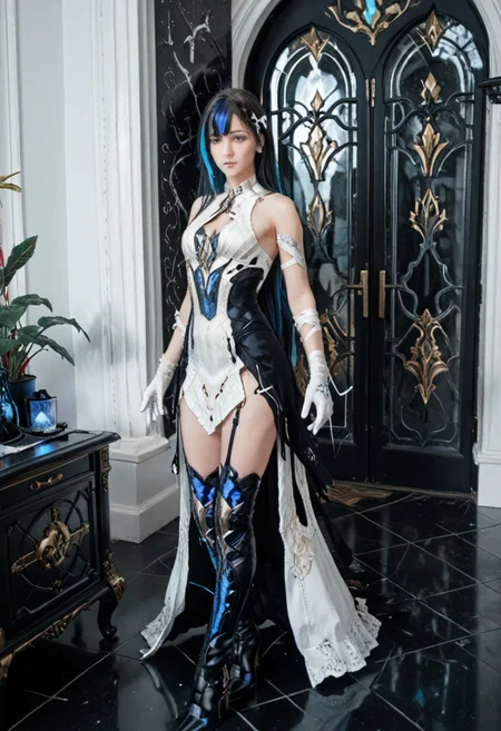 mai_pgr_selena_xs
1girl,bandaged_arm,bandages,bare_shoulders,black_dress,black_hair,blue_eyes,blue_hair,boots,colored_inner_hair,gloves,high_heels,jewelry,long_hair,multicolored_hair,solo,streaked_hair,very_long_hair,white_dress,white_gloves
VG_SS, fake screenshot,
(High Resolution), (More Details), (8K), (High Resolution)