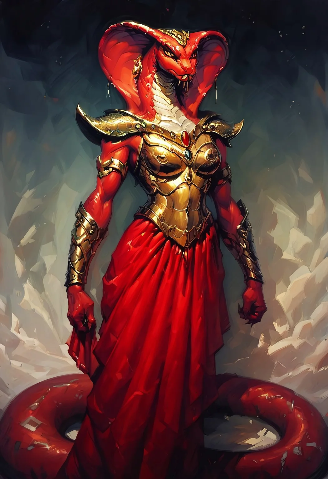 score_9, score_8_up, score_7_up, oil painting, d4rk01l, traditional media, anthropomorphic_snakes_(naga), DejahT_DG, as a snake, red skin and scales, ultra-detailed, elegant woman, golden metal and red cloth battle armor, full metallic outfit, ruby earrings, powerful and angry, background of a red Martian landscape of ancient towers