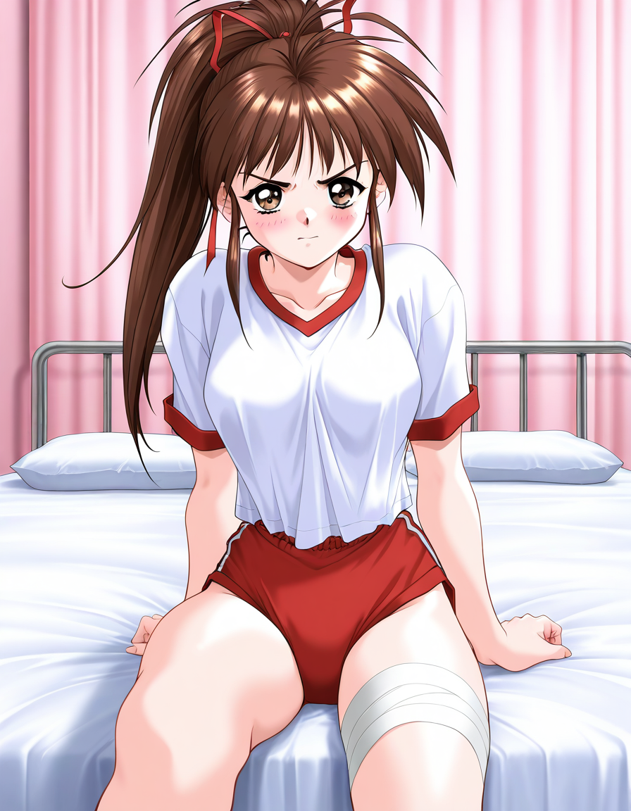 general,highres, game cg, ultra-detailed,very aesthetic,best quality ,best hands,  BREAK  <lora:Tanaka_Misa_IS:1>TanakaMisa, 1girl, brown hair,brown eyes, ponytail, long hair, breasts, hair ribbon, medium breasts,   1990s (style), takei masaki style,
 solo, bed, bandages, gym uniform, red buruma, sitting, buruma, bandaged leg, hospital bed, shorts, pillow, blush, indoors, red shorts,
get a little angryã