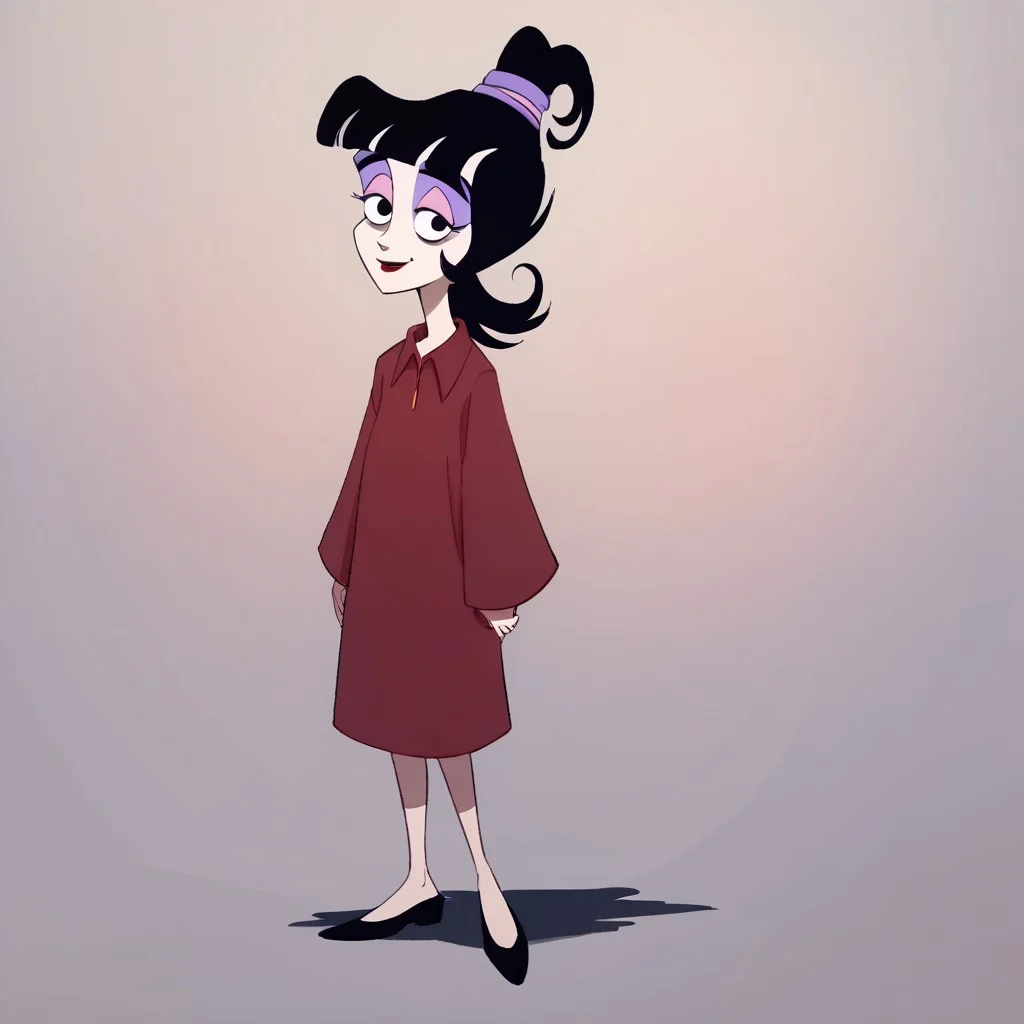 score_9, score_8_up, score_7_up BREAK LydiaDeetz, 1girl, black hair, blunt bangs, black eyes, ponytail, purple pink ponytail scrunchie, red lipstick, pink eyelids, purple eyeshadow, red poncho, smiling at viewer, full body,