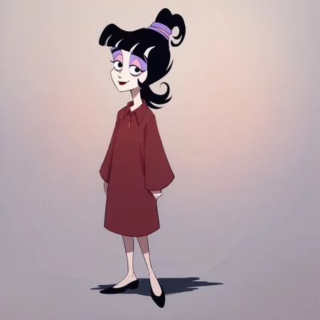 score_9, score_8_up, score_7_up BREAK LydiaDeetz, 1girl, black hair, blunt bangs, black eyes, ponytail, purple pink ponytail scrunchie, red lipstick, pink eyelids, purple eyeshadow, red poncho, smiling at viewer, full body,