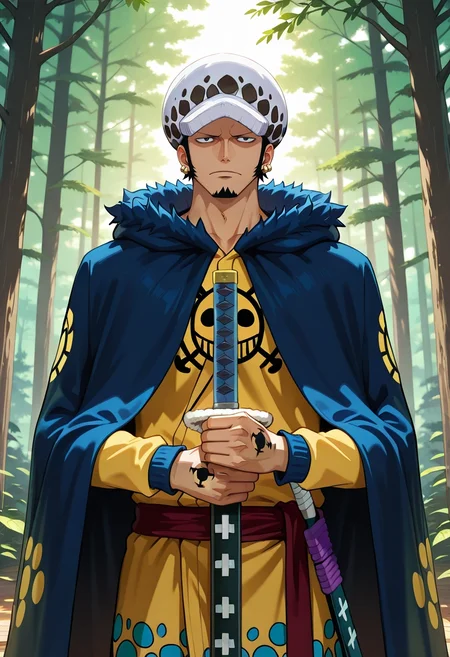 masterpiece, best quality, , (3d:0.4), , 1boy, solo, male focus, <lora:law_trafalgar_ilxl:0.94>, law_trafalgar, black hair, black eyes, short hair, facial hair, sideburns, long sideburns, goatee, hat, earrings, post timeskip, weapon, sword, sheathed, holding weapon, forest castle, tree towers, leaf courts, wooden halls, noble pose, majestic expression, morning,