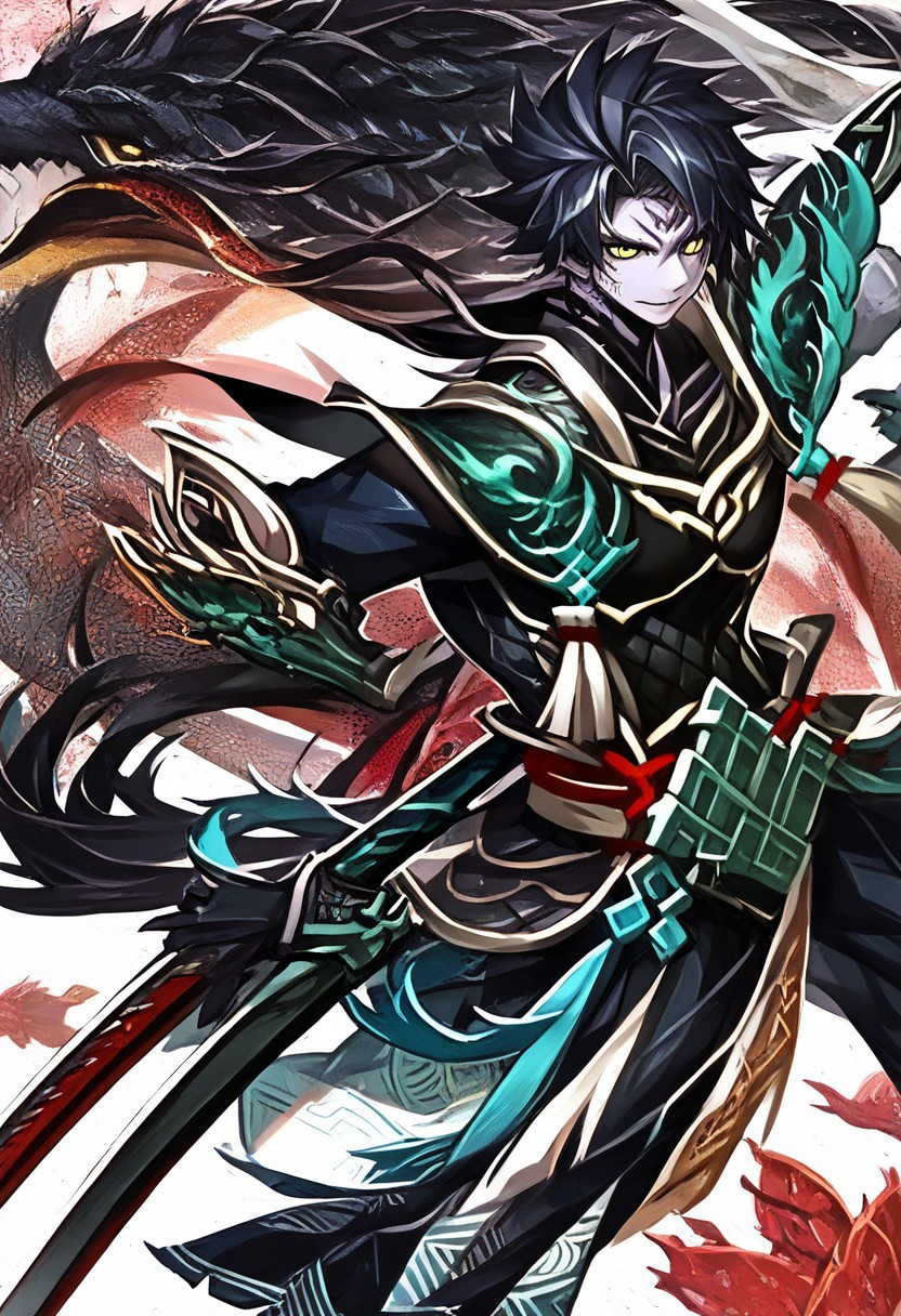 Pale skin, human in a kimono, samurai, seathed katana, golden eyes, black hair, 1boy, tattoos, full-body in frame, colorful scales,