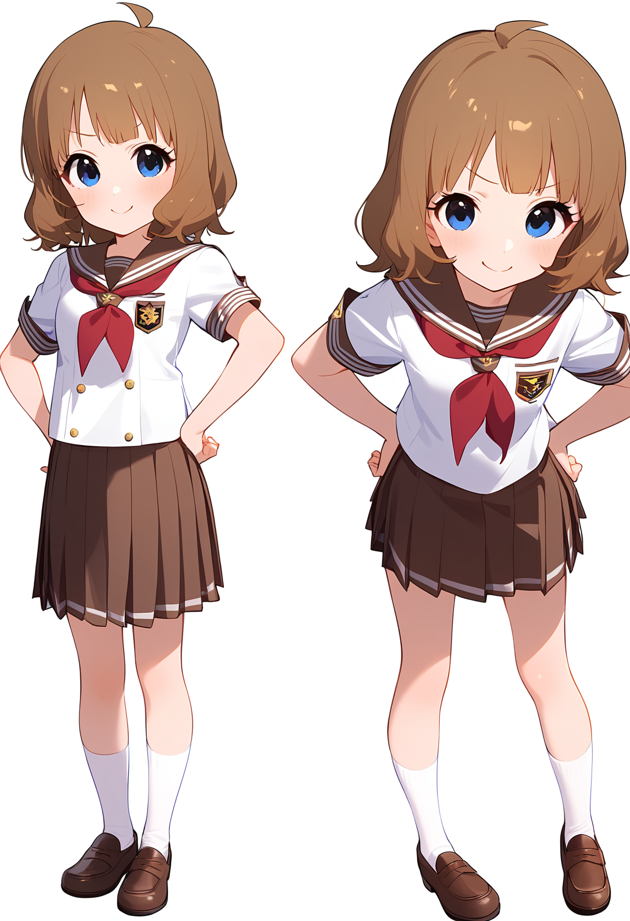 1girl,
suou momoko,


blush, official alternate costume, medium hair, white shirt, sailor collar, short sleeves, school uniform, hands on own hips, full body, ahoge, brown footwear, brown skirt, solo, pleated skirt, skirt, white background, smile, looking at viewer, brown sailor collar, shirt, miniskirt, brown hair, serafuku, white socks, blue eyes, red neckerchief, neckerchief, v-shaped eyebrows, loafers, simple background, socks, shoes,

sfw
<lora:a31_char_new_suou_momoko-000026:1> <lora:a31_style_koni-000010:0.8>