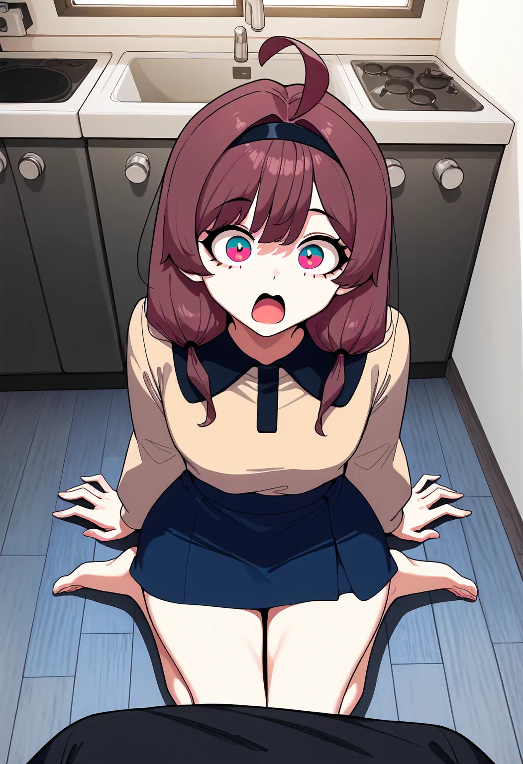 masterpiece, best quality, amazing quality, very aesthetic, absurdres, newest, scenery, volumetric lighting, perfect eyes, ultra detailed,
1girl, Lynn Yu,brown hair, ahoge, black diadem, multicolored eyes, magenta eyes, twin ponytails,
beige shirt, black shirt collar, blue short skirt, barefoot,
sitting on the floor, looking at viewer, surprised, open mouth, hands on the floor,
kitchen, detailed background, from above,
<lora:Someone_Stop_Her_-_Manhwa__Illustrious:1>
masterpiece, best quality, amazing quality, very aesthetic, absurdres, newest, scenery, volumetric lighting, perfect eyes, ultra detailed,