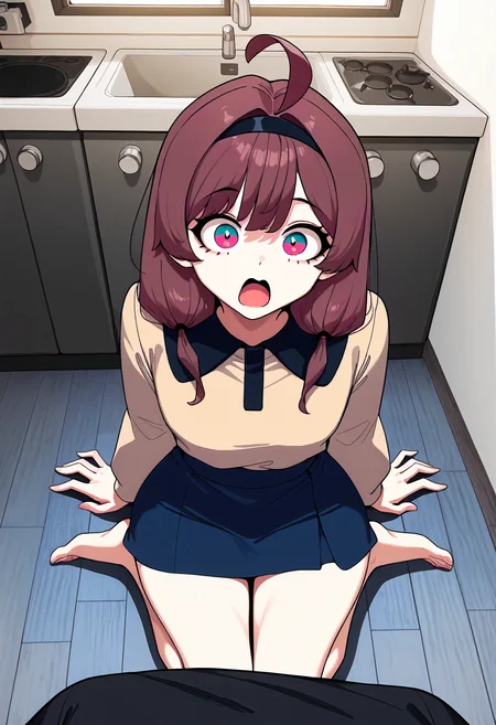 masterpiece, best quality, amazing quality, very aesthetic, absurdres, newest, scenery, volumetric lighting, perfect eyes, ultra detailed,
1girl, Lynn Yu,brown hair, ahoge, black diadem, multicolored eyes, magenta eyes, twin ponytails,
beige shirt, black shirt collar, blue short skirt, barefoot,
sitting on the floor, looking at viewer, surprised, open mouth, hands on the floor,
kitchen, detailed background, from above,
<lora:Someone_Stop_Her_-_Manhwa__Illustrious:1>
masterpiece, best quality, amazing quality, very aesthetic, absurdres, newest, scenery, volumetric lighting, perfect eyes, ultra detailed,