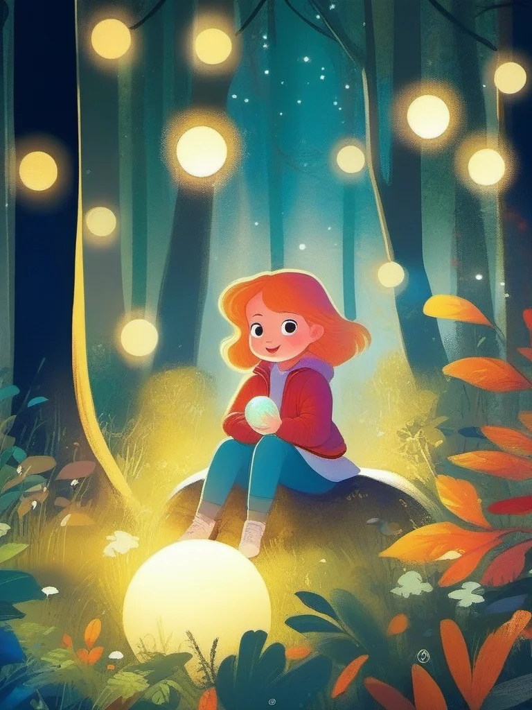 A girl is sitting in a forest with a glowing ball of light., <lora:kids:1> illuillustration,