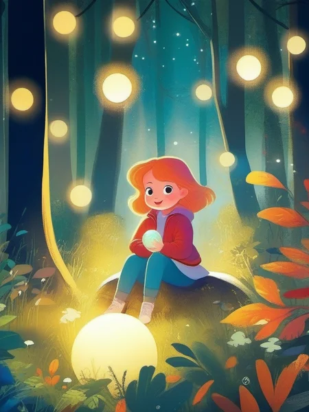 A girl is sitting in a forest with a glowing ball of light., <lora:kids:1> illuillustration,
