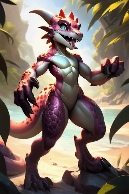 scalie, anthro, ((female)), ((kobold:1.3)), detailed pink scales, detailed scales, intricate scales, ((small breasts)), ((nude)), (detailed face), (detailed eyes:2), (big eyes:0.5), claws, open mouth, grin, (fangs:1.3), cute, young, muscular, athletic, elegant, beautiful, claws, (slit pupils), bright eyes, expressive eyes, (chubby:0.4), (plump:0.4), smiling, happy,  
((((head with thick long feathers)))), ((feathered arms, feathered legs)) covered in feathers, 
sexy pose, dancing,
(saliva), (drooling:0.5),
<lora:dragon:0.1>,
<lora:addmoredetails:-0.5>,
<lora:Velociraptor_Dino:0.1>,
<lora:deathclaw:0.5>,
<lora:azt3ch:0.1>,
<lora:FurryCore:0.6>
<Lora:sailor_moon:0.5>
by darkgem, by thesecretcave, by silverfox5213, , 
noon, sunlight, 
on a beach, 
(ambient light on the body),
Ray tracing, dutch angle, concept art, highly detailed, (hi res), ((masterpiece)), ((best quality)) masterpiece, best quality, masterpiece, best quality, cinematic composition, (masterpiece, best quality, ultra realistic, 4k, (high detail:1.3), sharp focus,