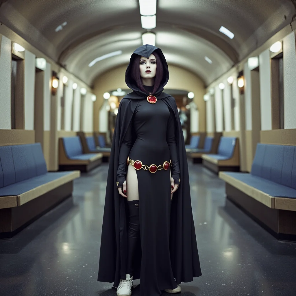 sci-fi style analog film photo a beautiful woman wearing a raven_costume in a subway station, old abandoned creepy and eerie image, heroic pose, dynamic posing, sensual and magical <lora:wc- raven costume:0.9> raven_costume, rv_costume, rcvt, RAW candid cinema, 16mm, color graded portra 400 film, remarkable color, ultra realistic, textured skin, remarkable detailed pupils, realistic dull skin noise, visible skin detail, skin fuzz, dry skin, shot with cinematic camera . faded film, desaturated, 35mm photo, grainy, vignette, vintage, Kodachrome, Lomography, stained, highly detailed, found footage . futuristic, technological, alien worlds, space themes, advanced civilizations