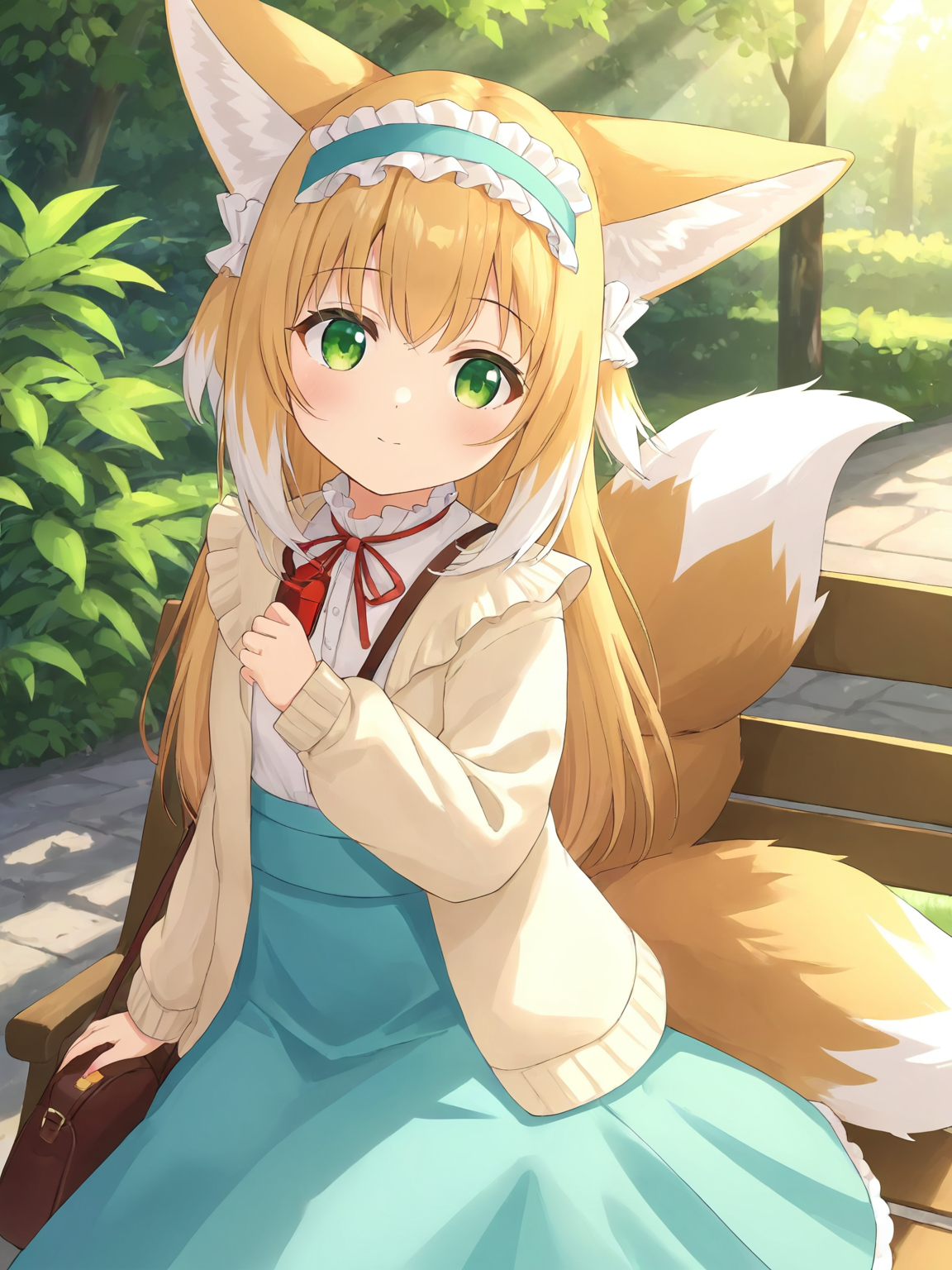 1girl,animal ears,blue frilled hairband,brown footwear,brown open cardigan,brown_crossbody_bag,closed mouth,cyan_high-waisted_skirt,double v,ears down,fox ears,fox girl,fox tail,looking at viewer,red neck ribbon,sleeves past wrists,solo,suzuran \(arknights\),white cardigan,park bench,sunlight,<lora:linglan-SDXL-lora-2024.10.19-version1-000024:0.55>,sitting,