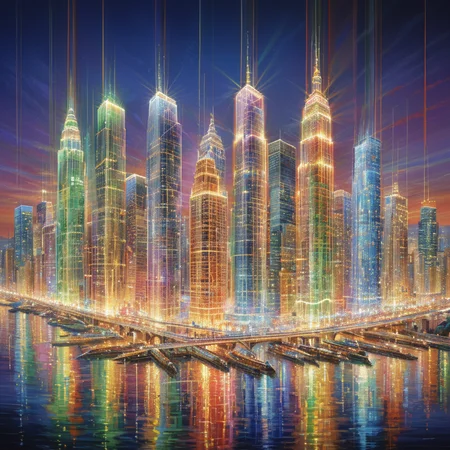 masterpiece, best quality, <lora:add-detail-xl:1> <lora:ArsMorph_-_World_of_Light_-_SDXL:1> arsworldoflight A cityscape at twilight, buildings constructed from beams of colored light. Skyscrapers pulse with internal energy, their edges blurring into the luminous sky.