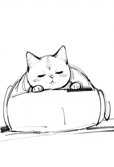 catgirl, solo, pencil sketch. A cute anthropomorphic cat girl playing, sketched with bold, dark lines from a 4B pencil on paper. The background is simple and white, focusing on the catgirl. kawaii, playful, white background, simple, focus on the catgirl. masterpiece, best quality, high detail.