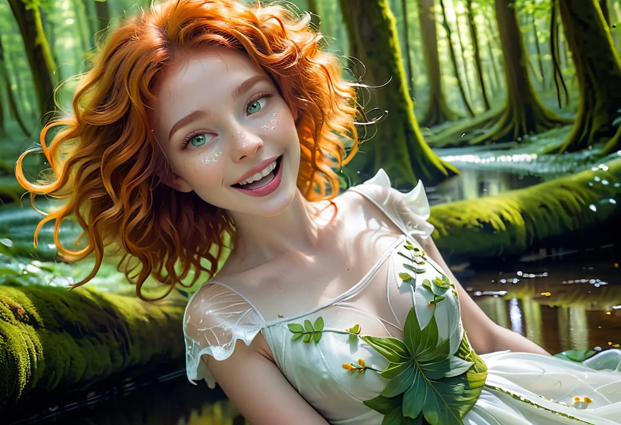 24mm, masterpiece, best quality, 1woman, 1animal, forest spring before her, (((epic-Ultra-HD-details, fairy-Ultra-HD-low-summerlight, fairy-Ultra-HD-oilpainting, upscaled-resolution))), young forest nymph undress, she removed one strap of her dress from her shoulder, her shoulder and chest were exposed, exposed breast, perfect gentle nipples, cute translucent silk white dress decorated by sticked green leafs and flowers, very opened sexy dress, short dress,standing in the forest stream, full body size, head thrown back to the sky, cute translucent silk white dress decorated by sticked green leafs and flowers, very opened sexy dress, short dress, spinned arched body, playful emotionality, emotional face, exaltation, perfect anatomy, perfect satin skin, flexible body, natural medium size teardrop breasts, curved body, wide hips, curved hips, muscular hips, wide pelvis, tight muscular ass, (amazing feminine face:1.56), ((detailed freckles:0.75)), very wide big laughing mouth, Aquiline nose, graceful neck tilt, spinned neck, exalting face, short curly gold ginger hair, silver strands, 8K, fairy forest on the background, young deer drinking from the spring, HDR cinematic colors, forest darkness, dramatic low light, lora:more_details:-1>, <lora:more_details:1.5>, <lora:st louis v2 epoch 5:1> <lora:add_detail:0.6>, <lora:p3r3zstyle_v3:0.6>
