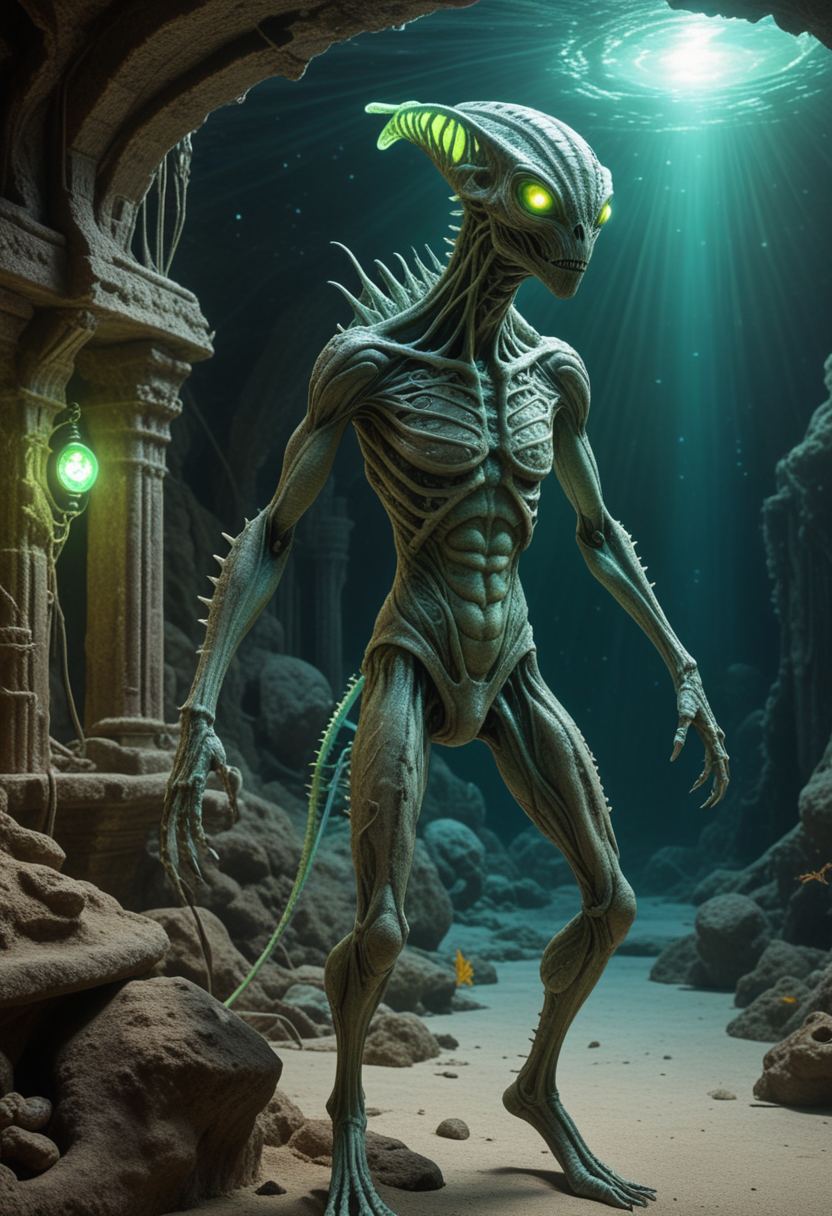 (medium full shot) of (spectral alien) with chameleon-like scaled skin, cybernetic implants, amorphous body, multiple light green eyes, flexible glowing antennae, spiked limbs, glowing orbs, set in  an ancient underwater realm, with weathered structures, fascinating relics, a sense of history , under the starlight, Masterpiece,best quality, photo, realistic, very aesthetic, detailed face,