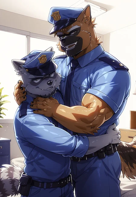 score_9, score_6_up, score_8_up, score_7_up, furry male, masterpiece, 2boys, (muscular, mature male:1.3), (gs_police, dog boy), (rc_robber, raccoon boy), policeman uniform, hugging, smile, ((in police station, indoors)), looking at viewer
