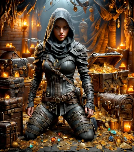 RAW photo, (masterpiece:1.3), subsurface scattering, heavy shadow, (high quality:1.4), (intricate, high detail:1.2), professional photography, HDR, High Dynamic Range, realistic, ultra realistic, photorealistic, high resolution, film photography, ambient lighting, atmospheric effects, <lora:detail_slider_v4:2>, OverallDetail, a female thief wearing dark leather armor, kneeling in a treasure chamber, holding a gem in one hand, <lora:FantasyRogues:1>, FaRo, <lora:TreasureHoard:1>, coin, dark, scenery, treasure chest, treho
