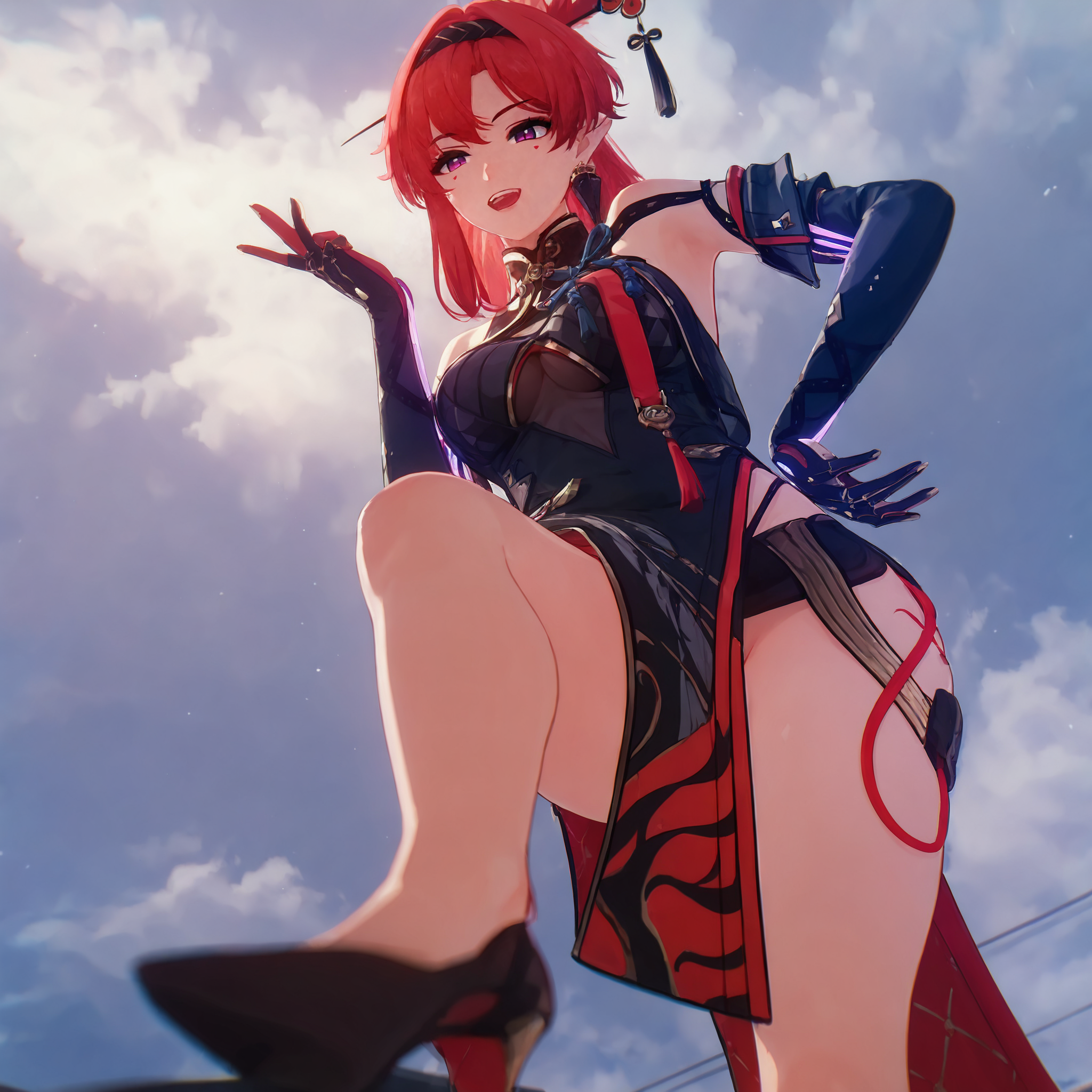 score_9, score_8_up, score_7_up,Best quality, masterpiece, ultra high res, dynamic lighting, cinematic lighting,  yinlinx, 1girl, wearing echoset1, dot eyeliner, left leg tattoo, purple eyes, hair stick, breasts, leaning slightly forward, Confident, Slightly Mischievous, Smirking, open mouth, hand on own hip, upper teeth only, looking down, from below, knee up, standing on one leg, stepped on, foot out of frame, sky, 
<lora:yinlinx-000007:0.8>  <lora:Beautiful outdoor-Countryside:0.8> Beautiful outdoor, outdoor <lora:add_detail:0.8> <lora:add_brightness:1>