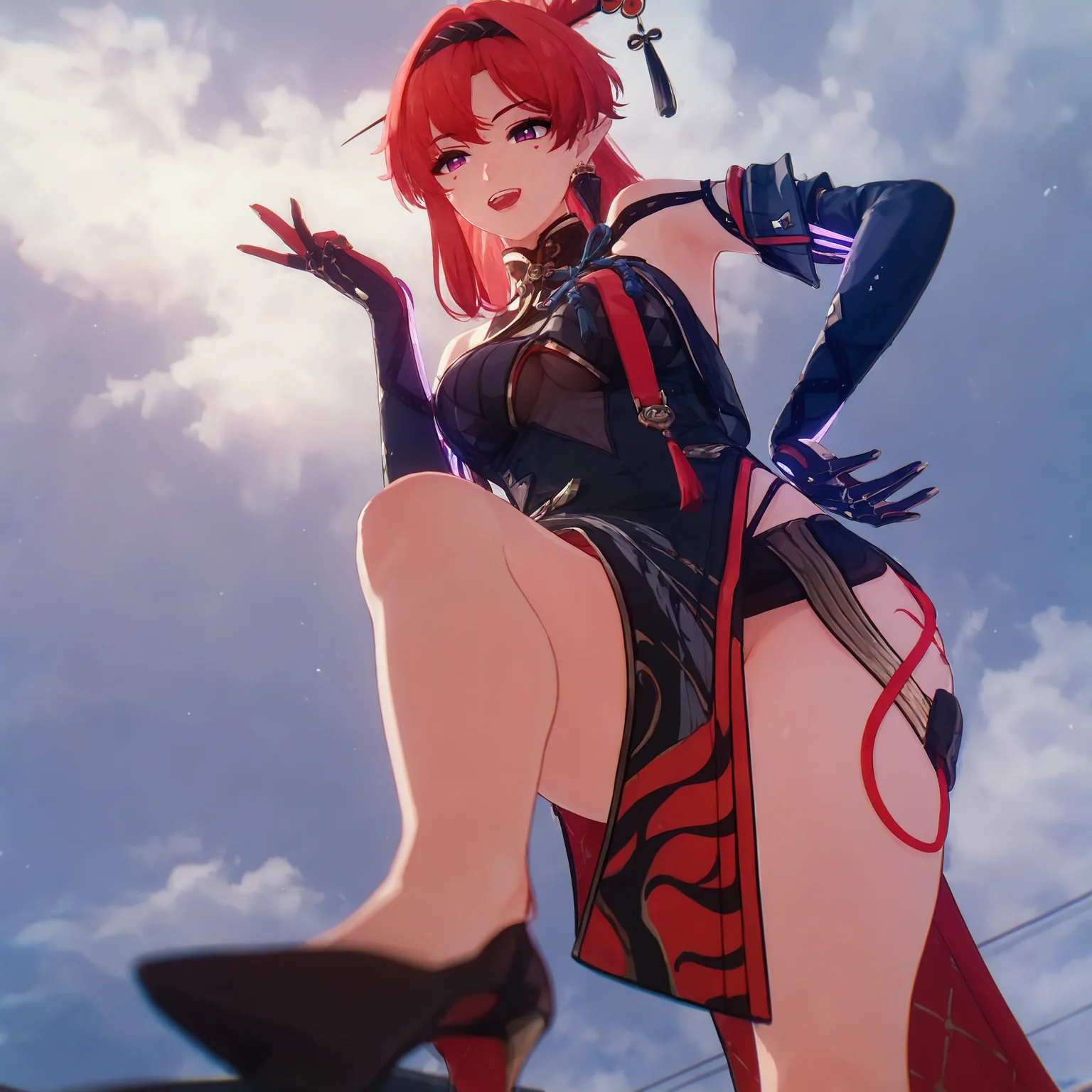 score_9, score_8_up, score_7_up,Best quality, masterpiece, ultra high res, dynamic lighting, cinematic lighting, yinlinx, 1girl, wearing echoset1, dot eyeliner, left leg tattoo, purple eyes, hair stick, breasts, leaning slightly forward, Confident, Slightly Mischievous, Smirking, open mouth, hand on own hip, upper teeth only, looking down, from below, knee up, standing on one leg, stepped on, foot out of frame, sky,
<lora:yinlinx-000007:0.8> <lora:Beautiful outdoor-Countryside:0.8> Beautiful outdoor, outdoor <lora:add_detail:0.8> <lora:add_brightness:1>