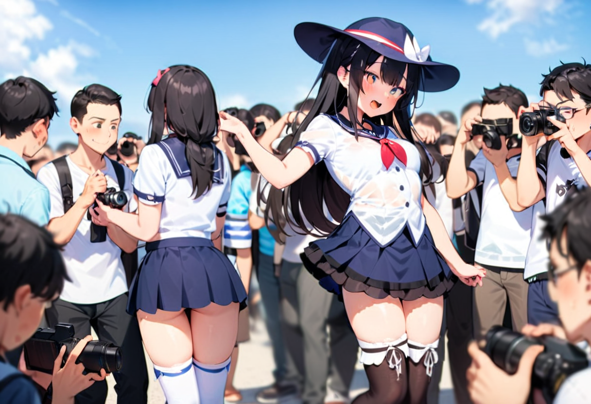 masterpiece, best quality, very aesthetic, absurdres,
comiket_cosplay, N4, 1girl, 6+boys, thighhighs, camera, day, skirt, outdoors, hat, black hair, zettai ryouiki, crowd, multiple boys, long hair, sky, shirt, short sleeves, summer, blue sky, 
<lora:comiket_cosplay_SDXL_V2:1>
